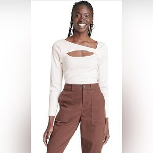 Women's Slim Fit Ribbed Long Sleeve Cut-Out T-Shirt - A New Day White Cream M